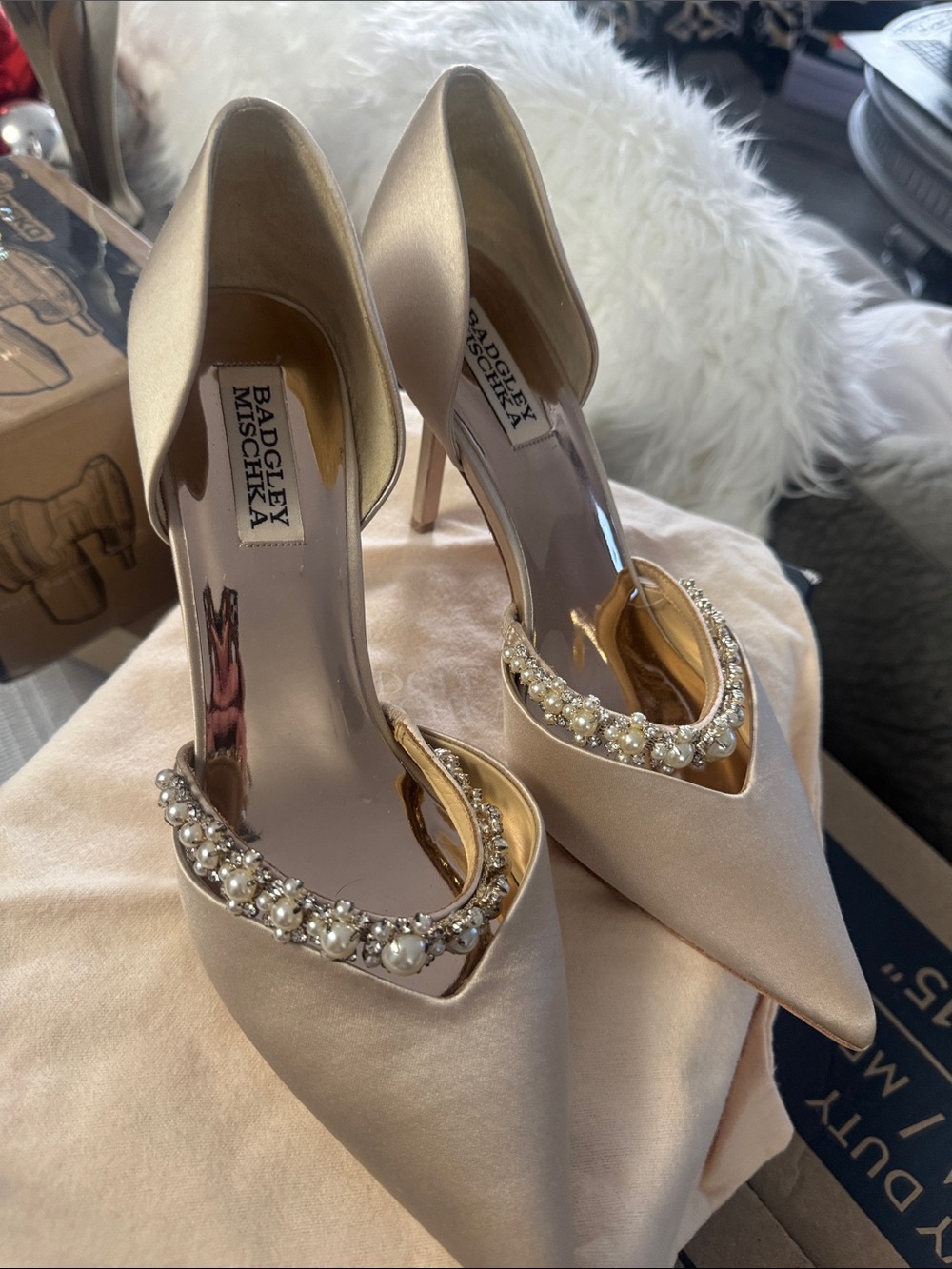 Badgley Mischka Champagne Satin Pointed-Toe Pumps with Pearl Trim